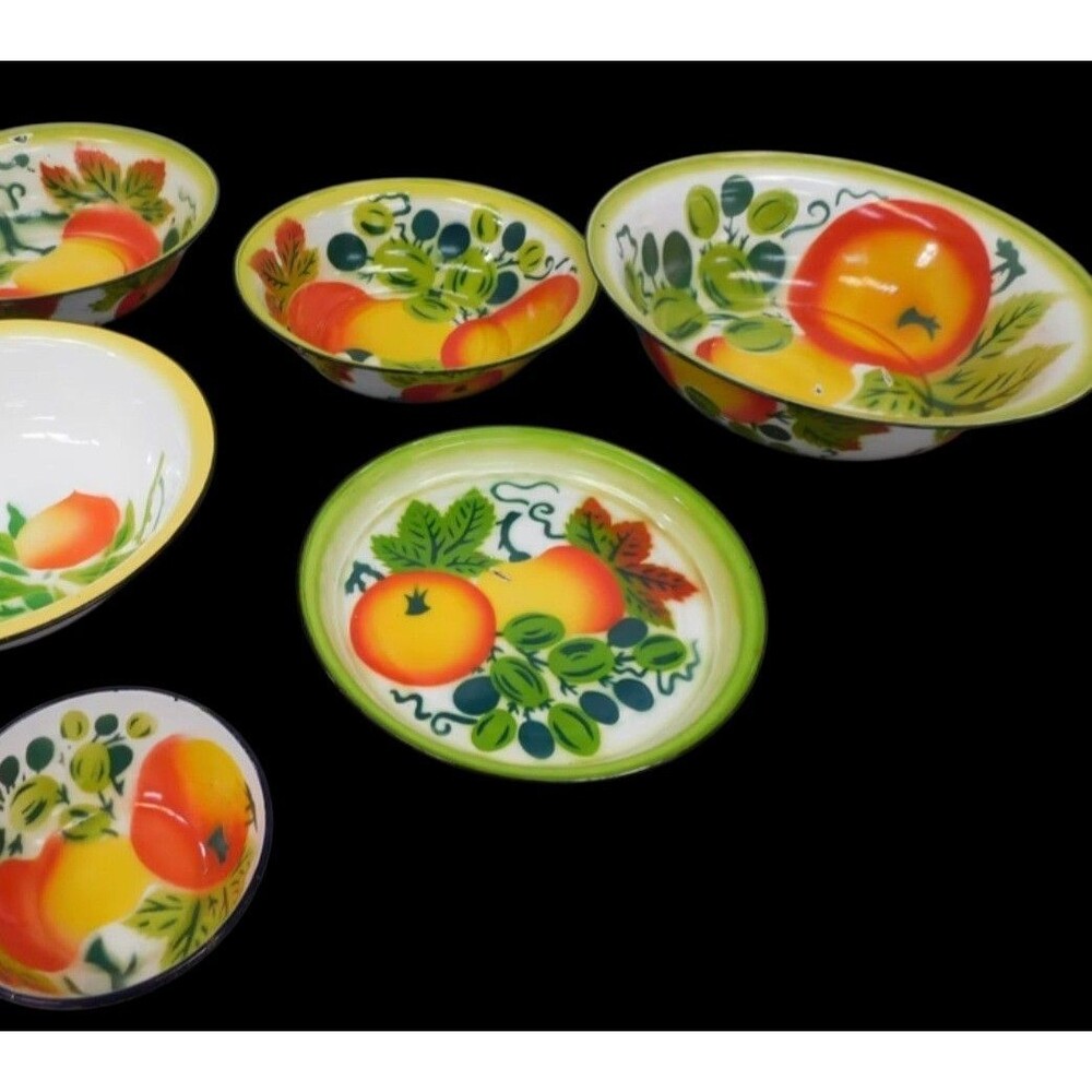 MCM Mid Century Modern Enamelware Dish Set Platter Bowl Colorful